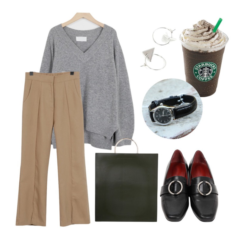 starbucks,From Beginning Formal slit boots-cut slacks_M (size : S,M),From Beginning Wide V-neck balloon knit_B (size : free)등을 매치한 코디