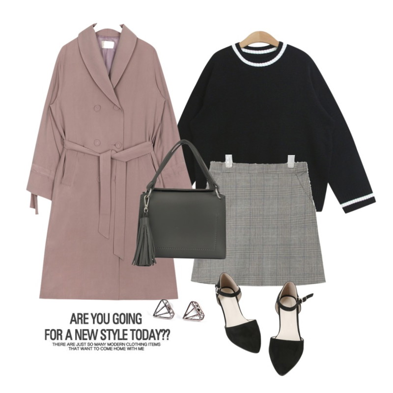 AIN " FRESH A " sleeve strap trench coat (4 colors)pm2시까지입금완료시 당일발송,AIN vintage mood check skirt (2 colors),TODAY ME 메일리 니트등을 매치한 코디