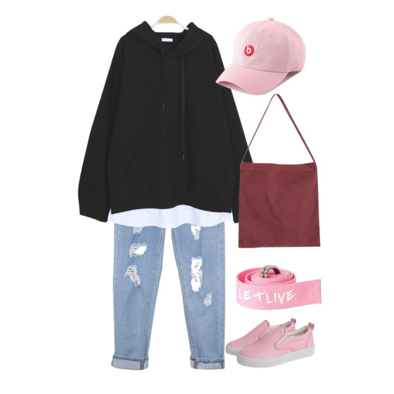 BANHALA 이태원 팬츠,myblin 레이어드 박시 후드티 (5color),Monobarbie [RK1239] 심쿵슬립온3cm                                                                    2ways등을 매치한 코디