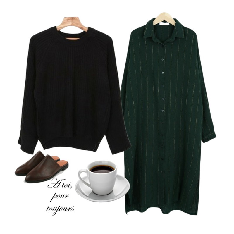 daily monday Modern bloafer,myblin 스티치 스트라이프 셔츠 원피스,Zemma World 나그랑-골지 (knit)등을 매치한 코디