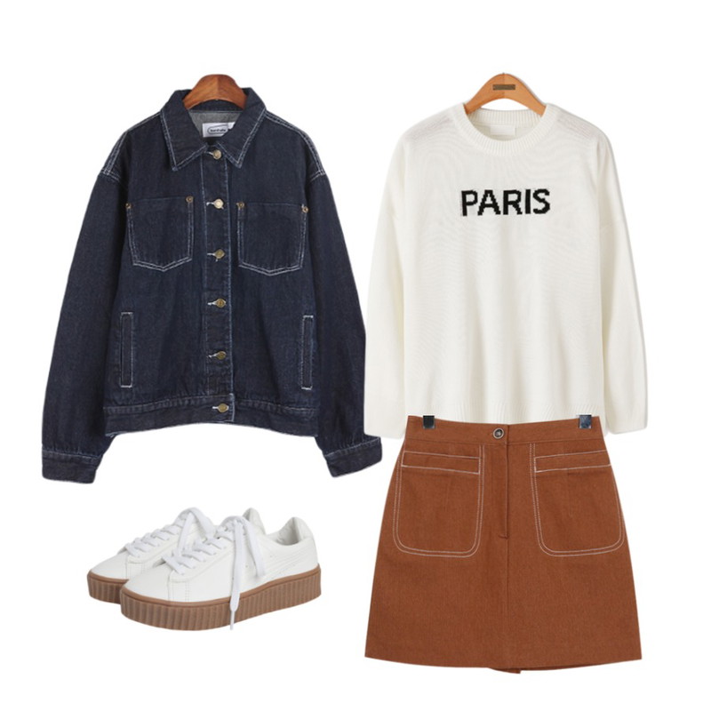 From Beginning White stitch H skirt_K (size : S,M),BANHALA 안아줘 청자켓,Reine 파리 베이직 니트 티등을 매치한 코디