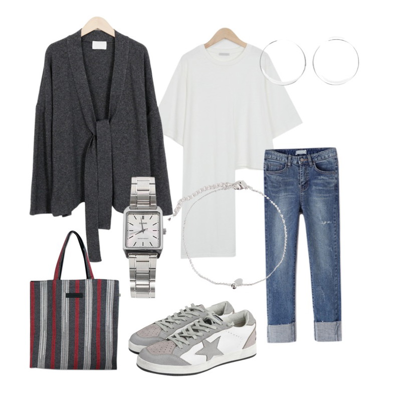 From Beginning Zig over cotton T_H (size : free),From Beginning Cozy strap wool cardigan_Y (size : free),Reine 케니스 롤업 데님 팬츠등을 매치한 코디