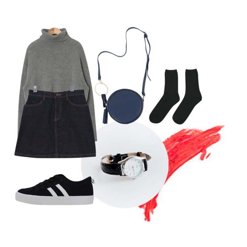 neon coral lip,daily monday Line frame watch,AIN semi crop boxy fit polar knit (4 colors)등을 매치한 코디