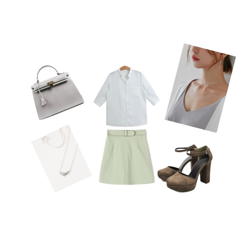 TODAY ME 러브린 셔츠,Reine 레디고 벨티드 스커트,daily monday Silver chain choker necklace(silver 925)등을 매치한 코디