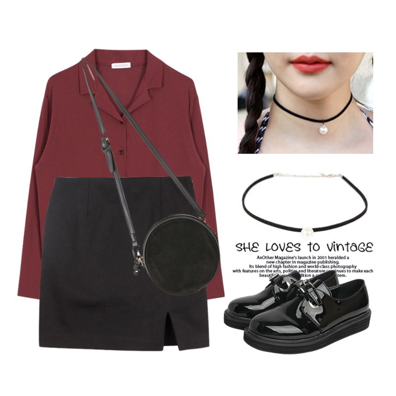 BULLANG GIRL 세무진주 초커,biznshoe Button collar tee (3color),BANHALA 도로시 스커트등을 매치한 코디