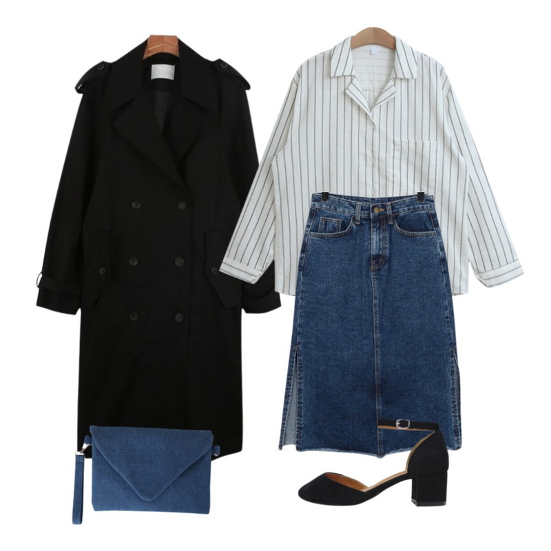 daily monday Double button trench coat10/4 입고예정,TODAY ME 커넷 스트라이프 셔츠 ,From Beginning Roll slit denim skirt_M (size : S,M,L)등을 매치한 코디