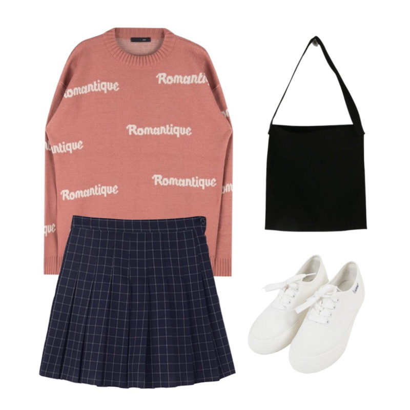 MINIBBONG 단색운동화,MIXXMIX Romantique Knit   (Pink),BANHALA 더블유 스커트등을 매치한 코디