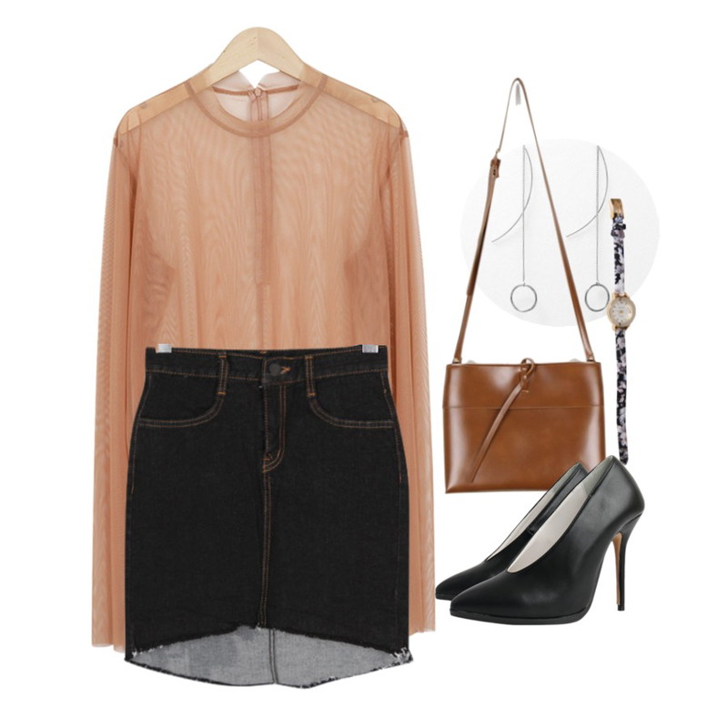 MIXXMIX 씨앤립체인 링 귀걸이,daily monday Thin strap closing bag,From Beginning See-through half blouse_Y (size : free)등을 매치한 코디