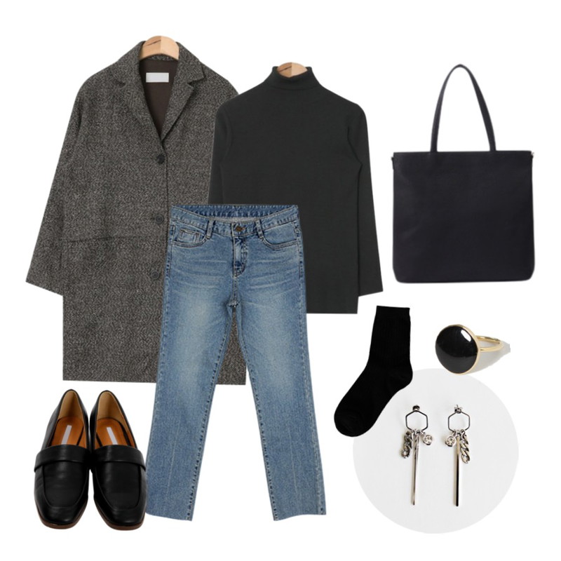 daily monday Cubic chain bar earring,AIN soft high neck polar knit (5 colors),AIN simple 3-button herringbone coat (2 colors)등을 매치한 코디