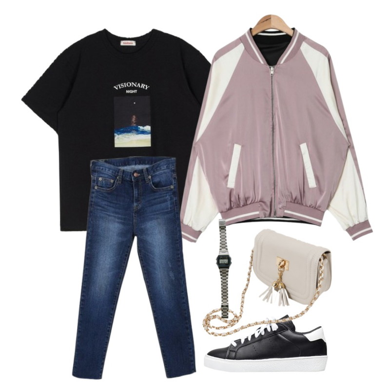 MIXXMIX 소나무 나현 착용ONLY MIX  Day&night t-shirt,Zemma World 빌리-일자컷 (pt) ,AIN two-way glossy skajan jumper (2 colors)등을 매치한 코디