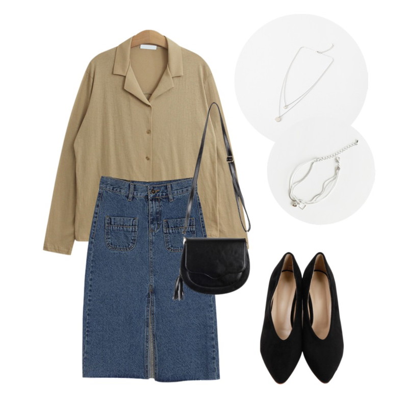 IM3 슬릿 데님 롱 스커트,From Beginning Wooden sweat stiletto_H (size : 225,230,235,240,245,250),TODAY ME 프리얼 셔츠등을 매치한 코디