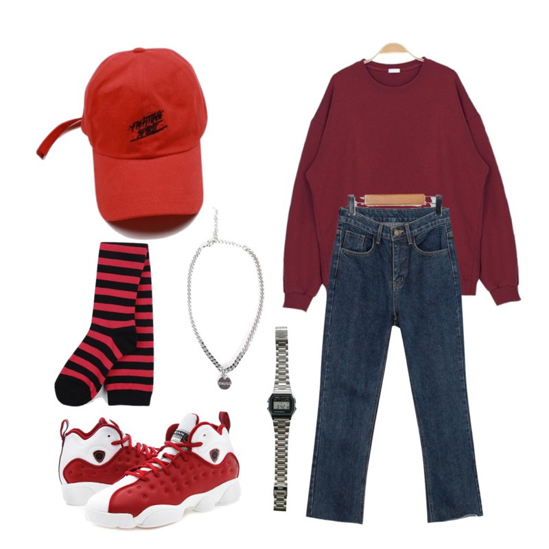 myblin 컬러 박시 맨투맨,daily monday Fighting ball cap,From Beginning 9 Bootscut denim pants_M (size : S,M,L)등을 매치한 코디