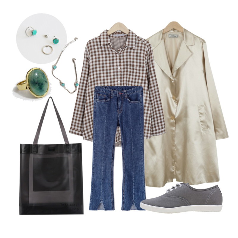 From Beginning Made_outer-055_satin single coat (size : free),From Beginning Gingham check pocket shirts_M (size : free),Reine 에셔 부츠컷 데님 팬츠등을 매치한 코디