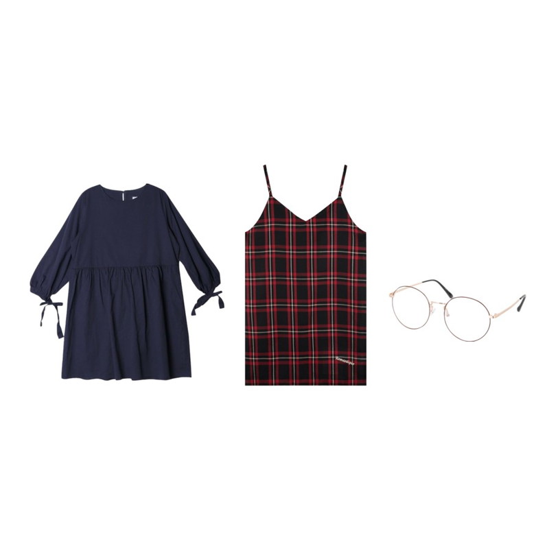 BULLANG GIRL 너드 안경,DORA 방긋리본OPS,MIXXMIX Check Slip Dress  (Red)등을 매치한 코디