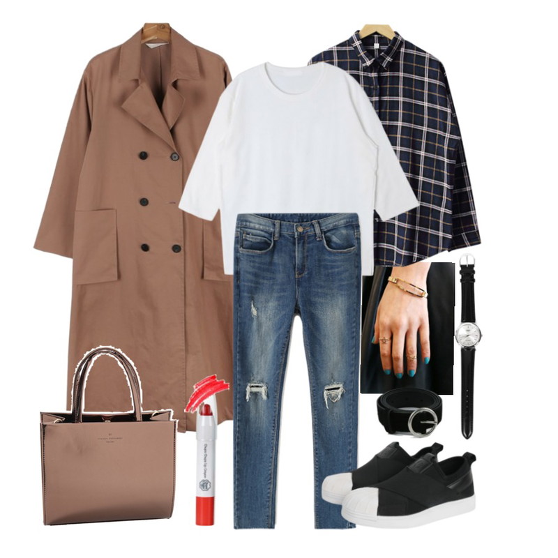 daily monday Star 2set Ring (3colors),daily monday Normal long trench coat,CCUMI SISTER 리얼 체크 남방 (2color)등을 매치한 코디
