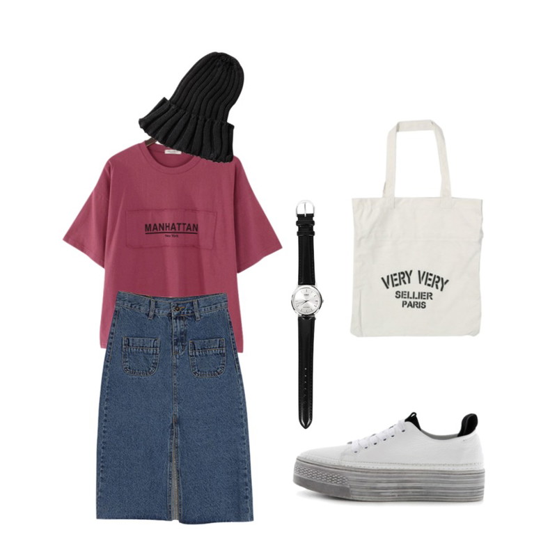 LINDA GIRLS 클린 티셔츠 (4color),LOVELY SHOES 스플릿 통굽 스니커즈 (4cm),IM3 슬릿 데님 롱 스커트등을 매치한 코디