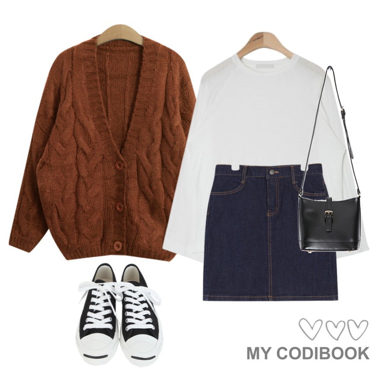 TODAY ME 미우 가디건,AIN H-line denim mini skirt (3 colors),AIN raglan wide sleeve T (5 colors)등을 매치한 코디