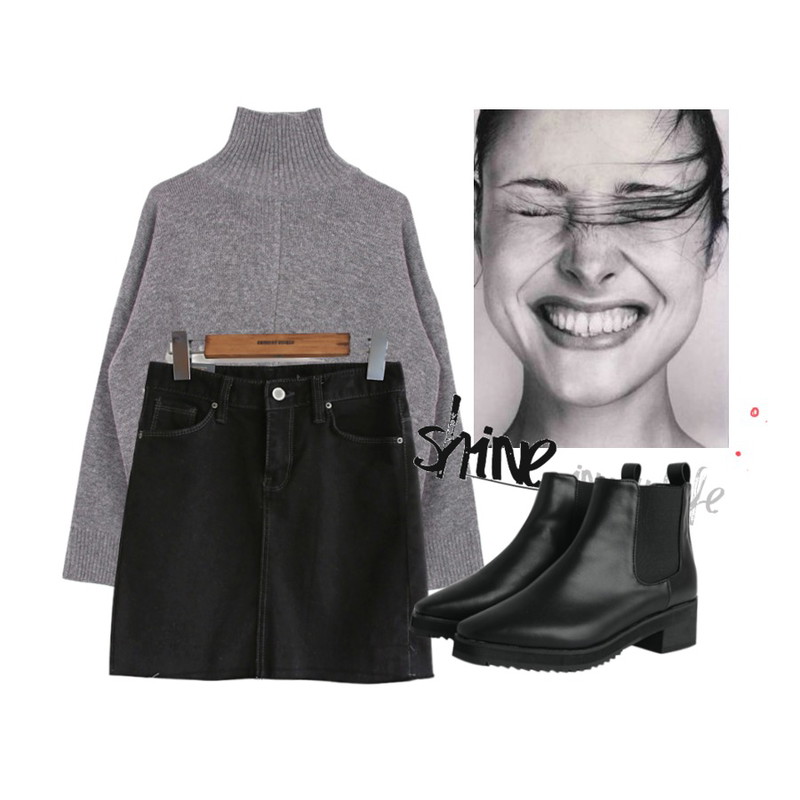 natalie,common unique [SKIRT] CUTTING DENIM MINI SKIRT,biznshoe Turtleneck knit top (5color)등을 매치한 코디