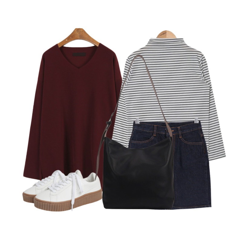 AIN loose half neck pola T (2 colors),MINIBBONG 카트리나 티셔츠  (내츄럴한 커팅브이넥 · 핏예쁜 베이직티셔츠),BULLANG GIRL 프롬생지SK<5%할인> 14000원등을 매치한 코디