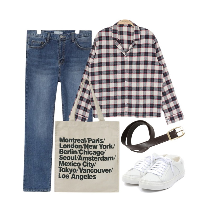 AIN real leather sneakers (6 colors),IM3 브이넥 체크 셔츠,AIN 9-length highwaist denim pants등을 매치한 코디
