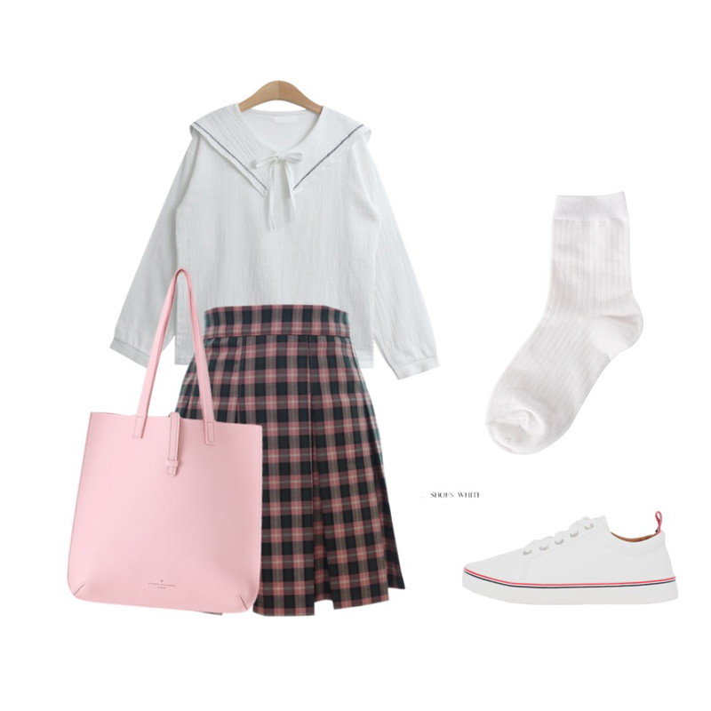 Dear Lady 링 마이 벨(테니스스커트),TODAY ME 아워 세라 블라우스,LOVELY SHOES 애니카 스니커즈 (3cm)등을 매치한 코디