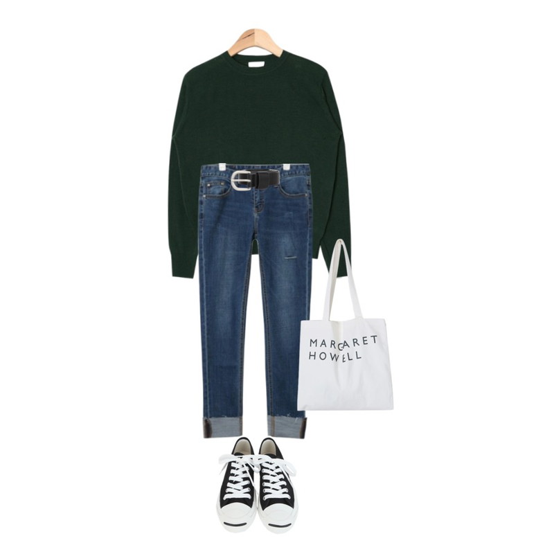 AIN monotone belt (2 colors),AIN one side slit basic knit (6 colors),AIN vintage washing roll up denim pants등을 매치한 코디