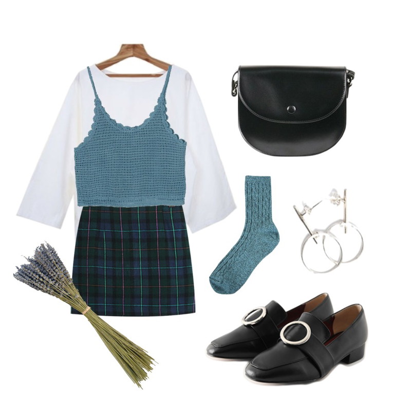 DORA 니팅뷔스티에,TODAY ME 커밴 체크 스커트,Zemma World (ZEM.attitude) 리본슬릿 (bl) 등을 매치한 코디