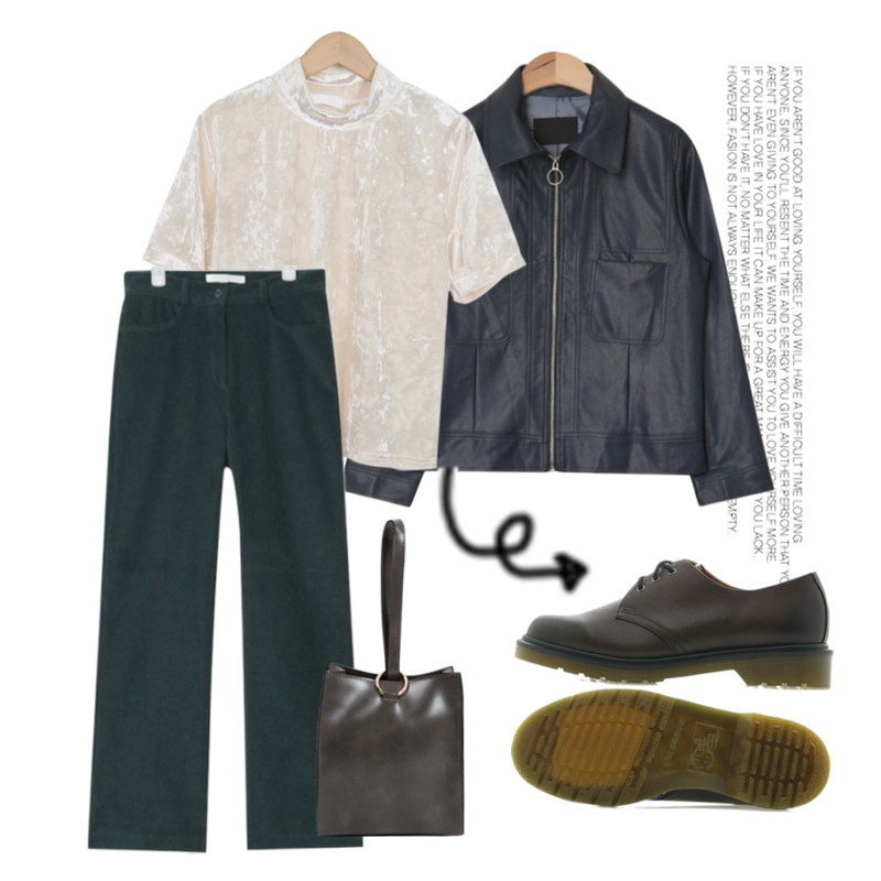 Untitled,From Beginning Glossy velvet half-neck blouse_K (size : free) ,AIN minimal leather jacket (2 colors)등을 매치한 코디