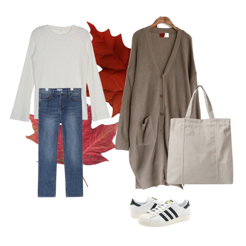 maple 1,maple 2,common unique [OUTER] 4 COLOR SLIT LONG CARDIGAN등을 매치한 코디