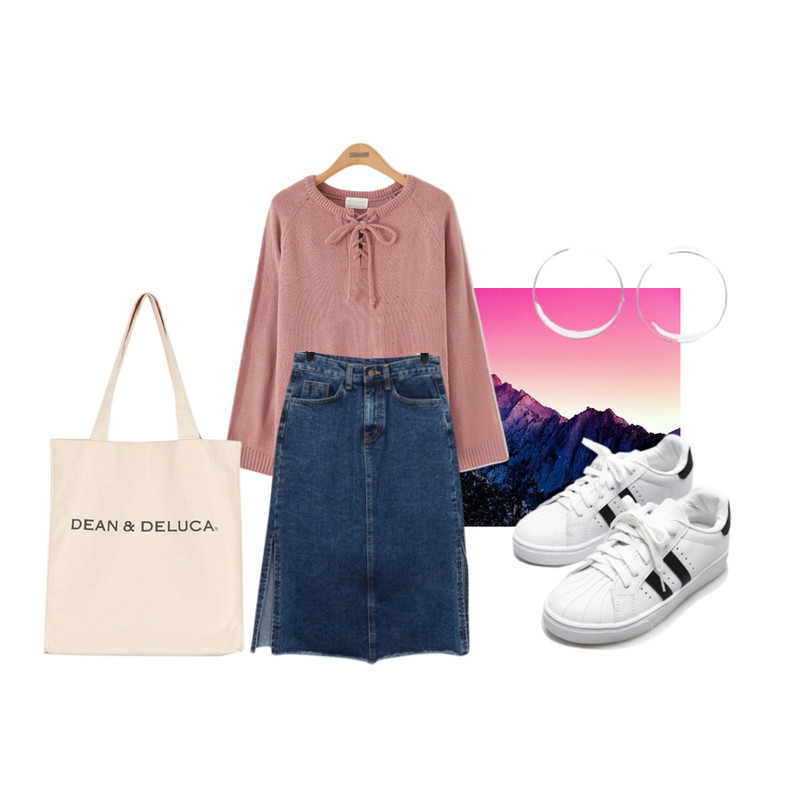 Pink Sunset,From Beginning Roll slit denim skirt_M (size : S,M,L),Reine 셀리나 리본 니트 티등을 매치한 코디