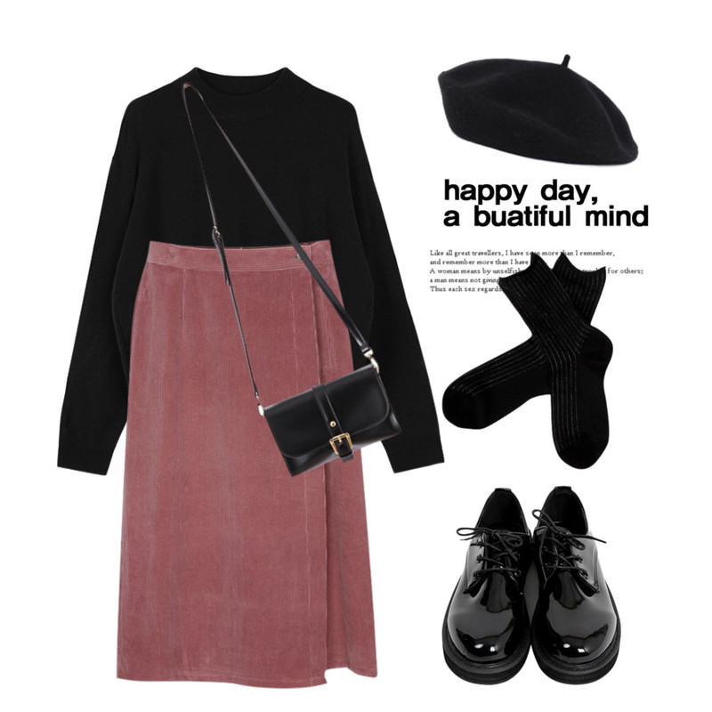 Untitled,biznshoe Half neck loose knit (5color),myblin 코듀로이 랩 스커트 (4컬러)등을 매치한 코디