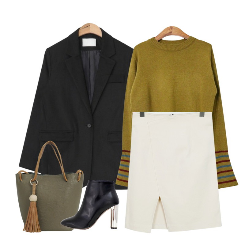 SOMEDAYS 꾸미 배색나팔nt(3color),AIN casual long single jacket (3 colors),From Beginning Cross slit mini skirt_Y (size : S,M)등을 매치한 코디