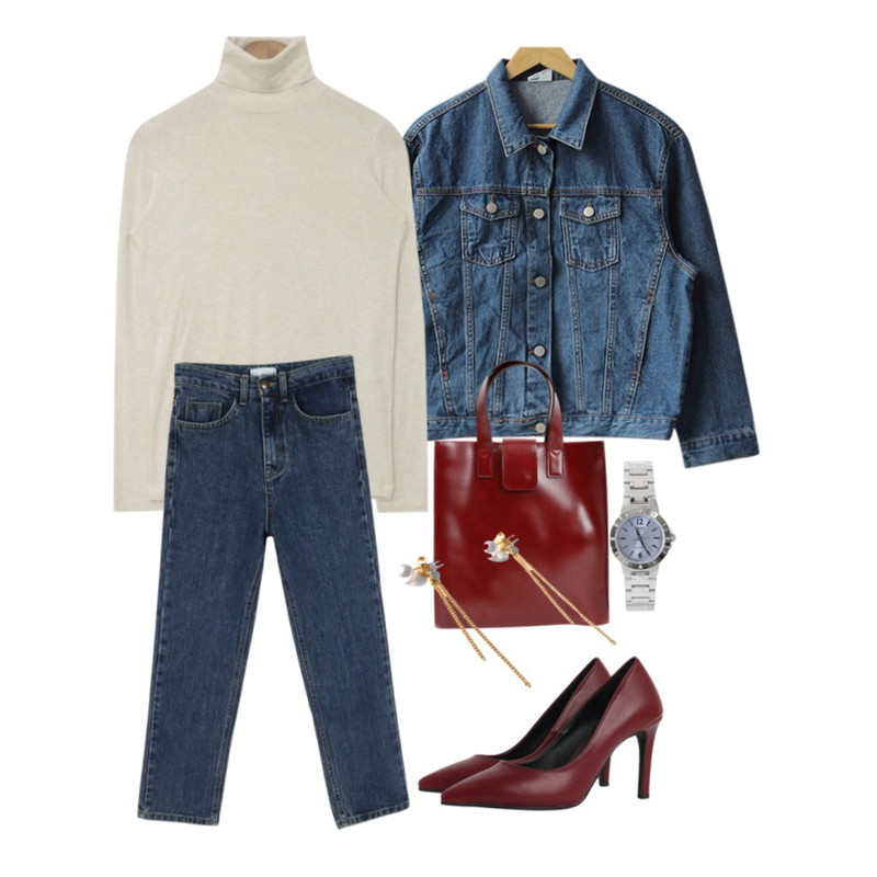 CCUMI SISTER 투포켓 데님자켓 (2color),AIN deep color basic polar T (4 colors),daily monday Highwaist casual denim등을 매치한 코디