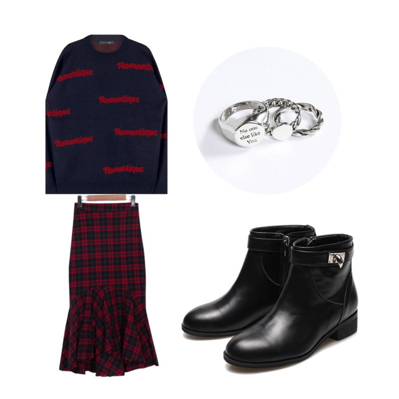 Reine Rimera Ankle Boots,From Beginning Mermaid tartan check skirt_M (size : free),MIXXMIX Romantique Knit   (Navy)등을 매치한 코디