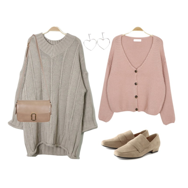 myblin 보송 위브 미니 가디건,Reine 제이슨 슬림 로퍼,SOMEDAYS 니트원피스(3color)등을 매치한 코디