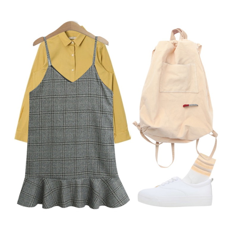 BULLANG GIRL 두줄시스루양말,AIN FRESH A basic shirts (6 colors),TODAY ME 마베라 체크 원피스 등을 매치한 코디
