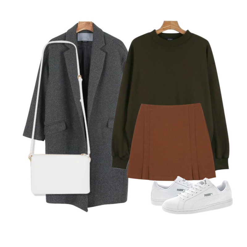 daily monday Daily autumn loose man to man,myblin 미니 플리츠 A라인 스커트,daily monday Wool open single coat10/24 입고예정등을 매치한 코디
