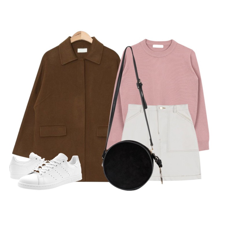daily monday Stitch pocket cotton skirt,AIN handmade short simple coat (3 colors),biznshoe Soft round knit (3color)등을 매치한 코디