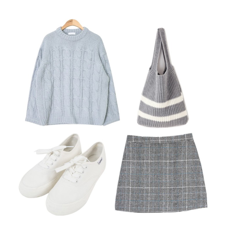 MINIBBONG 단색운동화,IM3 체크모나코 스커트,AIN bulky twist boxy knit (3 colors)등을 매치한 코디