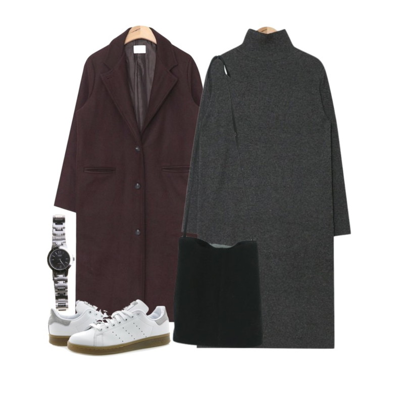 Player 아디다스 스탠 스미스 화이트 그레이 (ADIDAS STAN SMITH FTWWHT/FTWWHT/MGSOGR),AIN pollar long knit ops (2 colors),AIN wool side slit over coat (3 colors)등을 매치한 코디