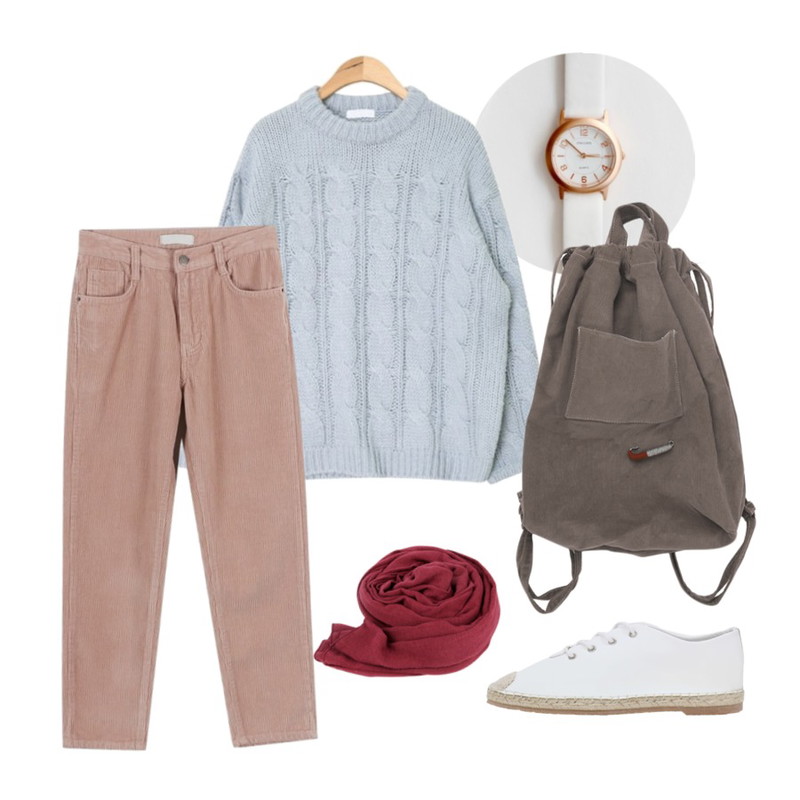 daily monday Daily clean watch,AIN bulky twist boxy knit (3 colors),daily monday Slim fit corduroy pants등을 매치한 코디