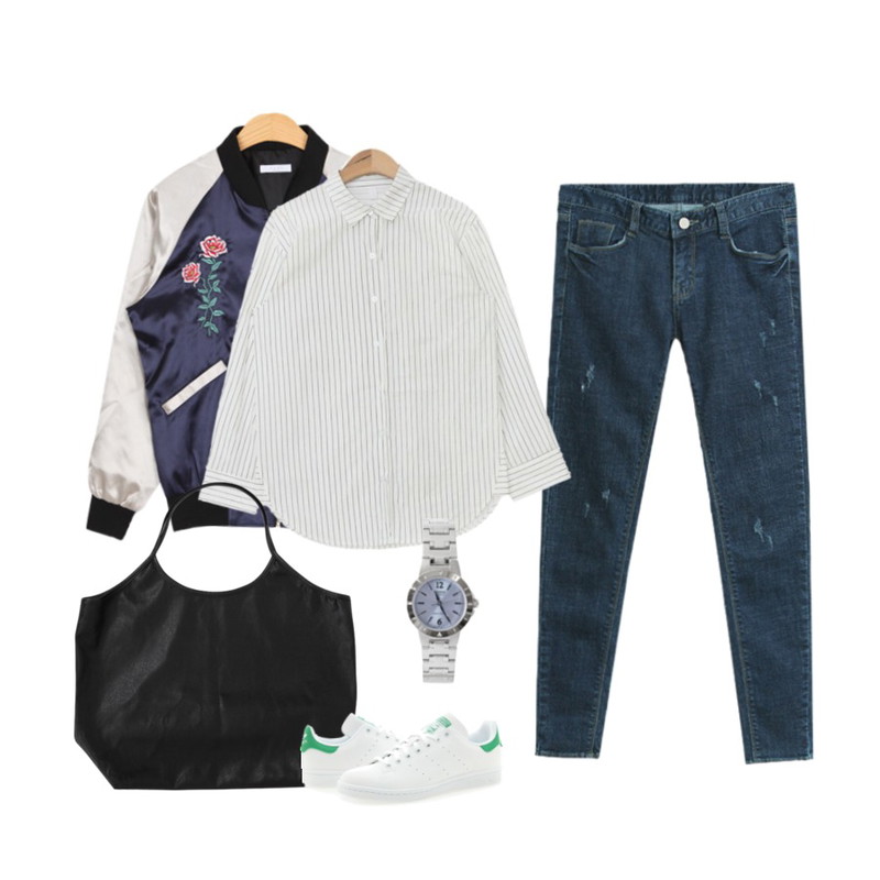 BULLANG GIRL 로즈스카쟌JP,AIN color stripe boxy fit shirts (3 colors),TODAY ME 미코 데님 스키니진등을 매치한 코디