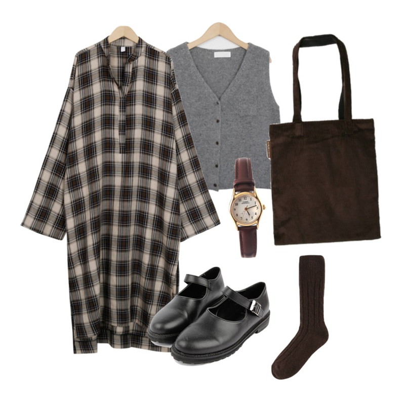 daily monday Minimal wool socks,From Beginning Mono check maxi ops_B (size : free),From Beginning Angora button knit vest_H (size : free)등을 매치한 코디