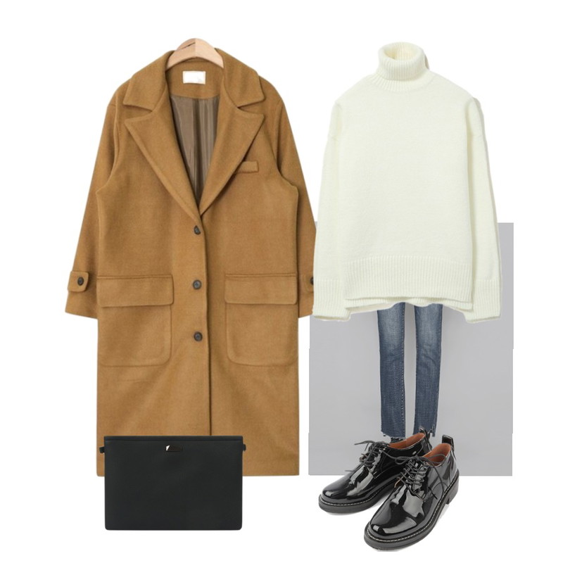 AIN diagonal cutting denim pants,MOYEN Tutan Turtleneck Knit - 5 Color,AIN overfit wide collar long coat (2 colors)등을 매치한 코디
