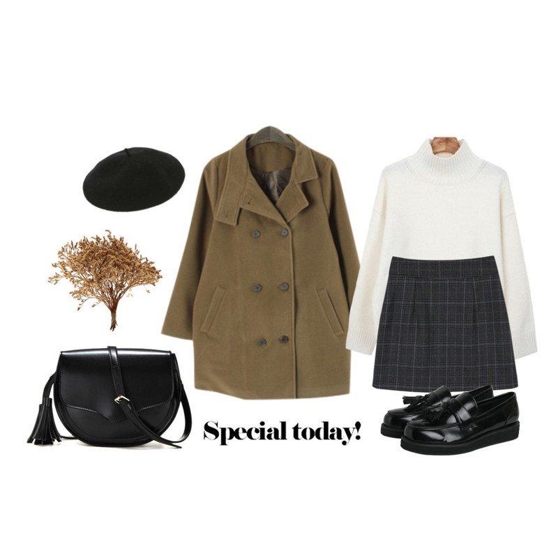 daily monday Preppy check mini skirt,LINDA GIRLS 브릿 더블버튼 코트 (3color),Zemma World 캐슈넛-터틀넥니트 등을 매치한 코디