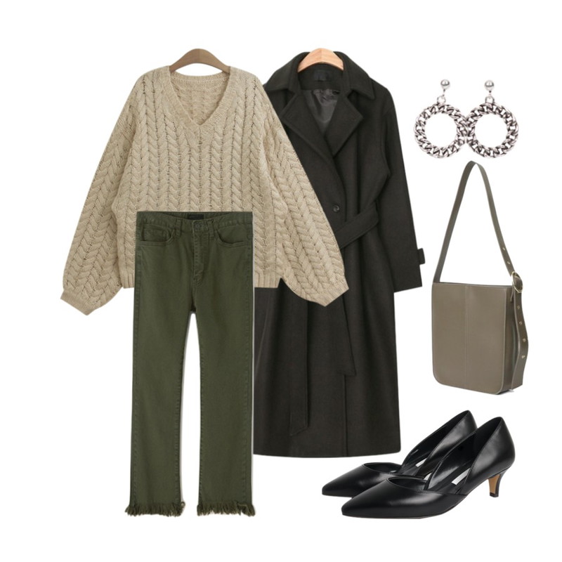 AIN maxi long strap double coat (2 colors),Reine 데이비드 부츠컷 코튼 팬츠,TODAY ME 오마이 니트등을 매치한 코디