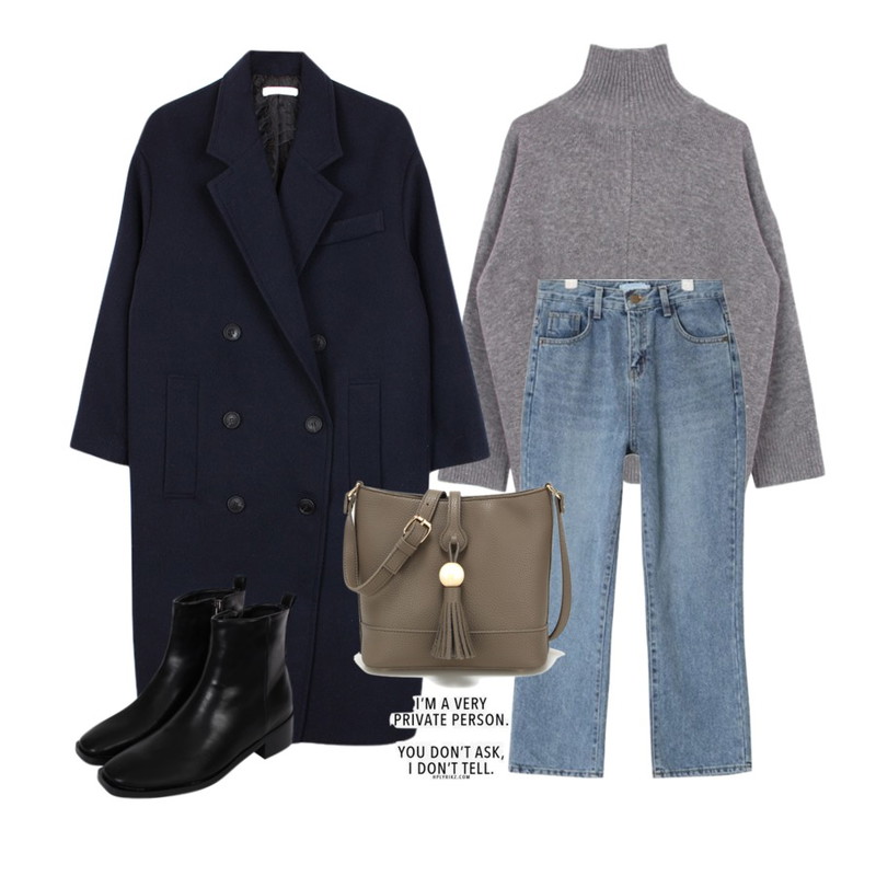 AIN 70's boots-cut denim pants,biznshoe Turtleneck knit top (5color),biznshoe Oversize long coat (4color)등을 매치한 코디