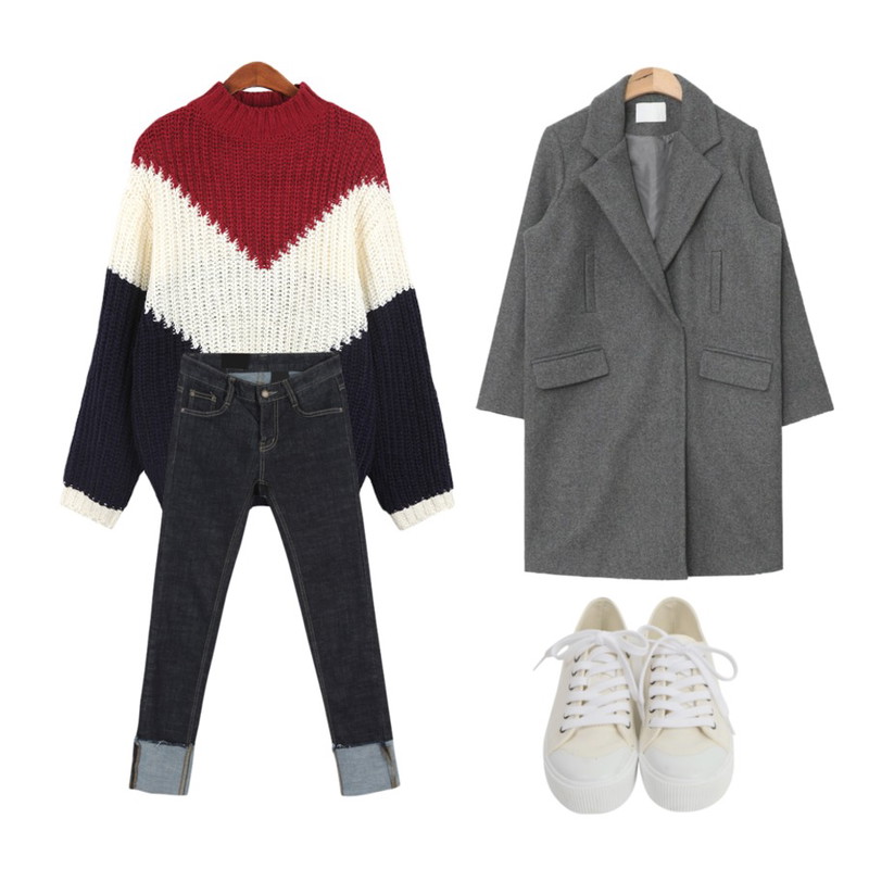 MINIBBONG 스키터 롤업 청바지  (깔끔생지데님 · 내맘대로 롤업스키니),AIN clean fit daily midi coat (3 colors),BANHALA 세뇨리따 니트등을 매치한 코디
