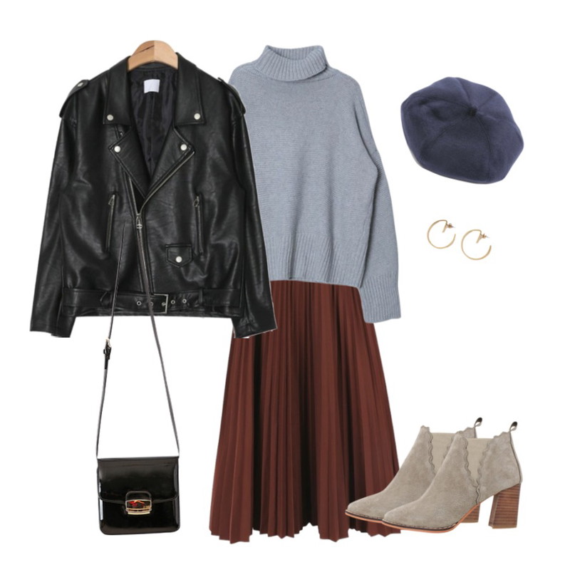 AIN basic daily rider jacket (3 colors),daily monday Retro pleat skirt11/1 입고예정,DORA 시보리폴라니트등을 매치한 코디
