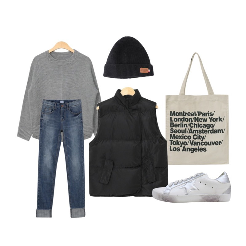 MIND ME 레트로 프린팅 에코백 (4color),CHLO.D.MANON 머핀 일자 팬츠,AIN raglan round knit (4 colors)등을 매치한 코디